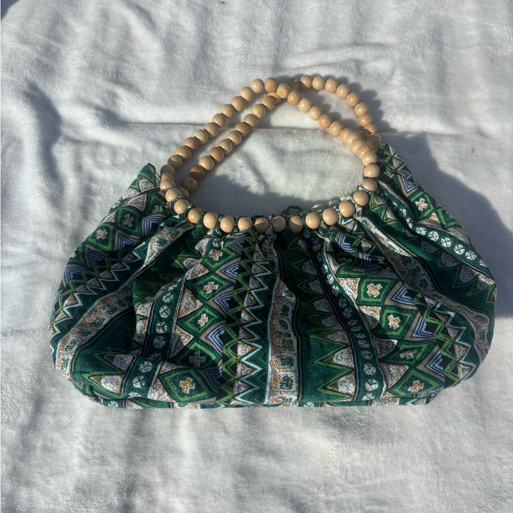 Green Patterned Women's Bag with Wooden Handle